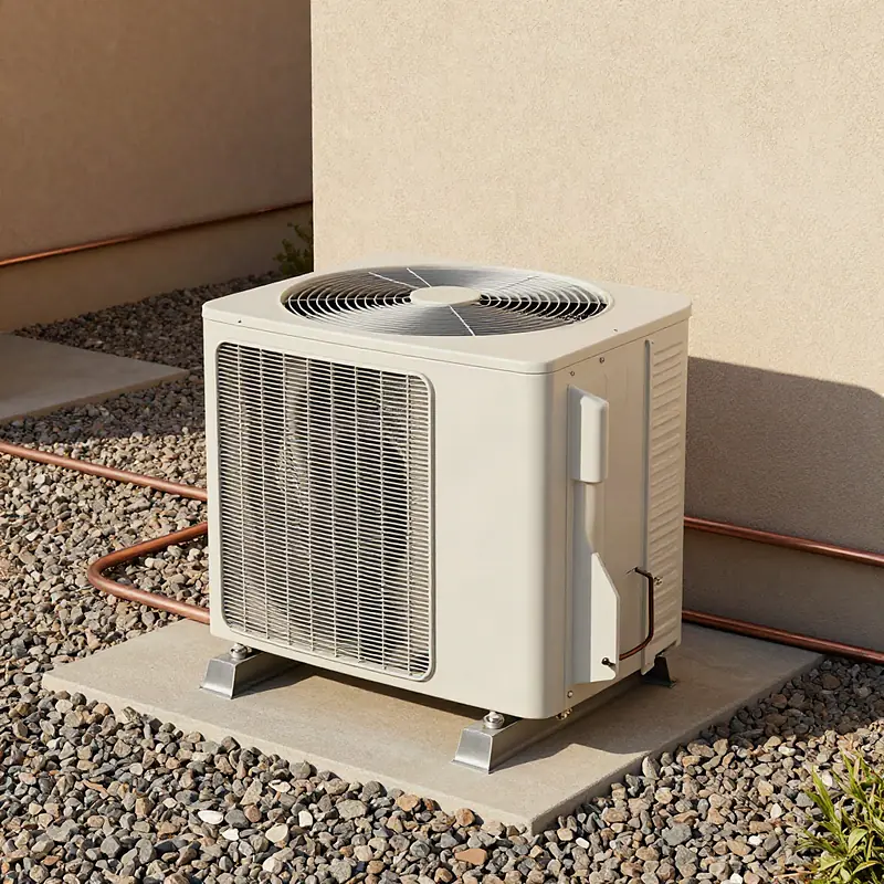 A clean air conditioner condenser on a concrete pad in a desert gravel side yard