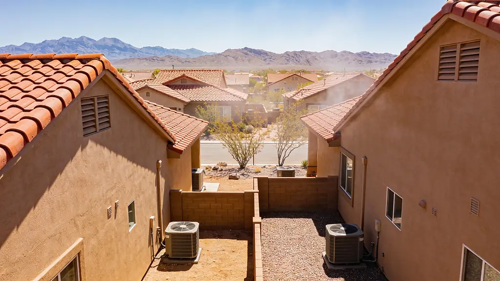 Stucco houses with red tile roofs and AC units in the side yards under a hot Las Vegas sun, mountains in the distance