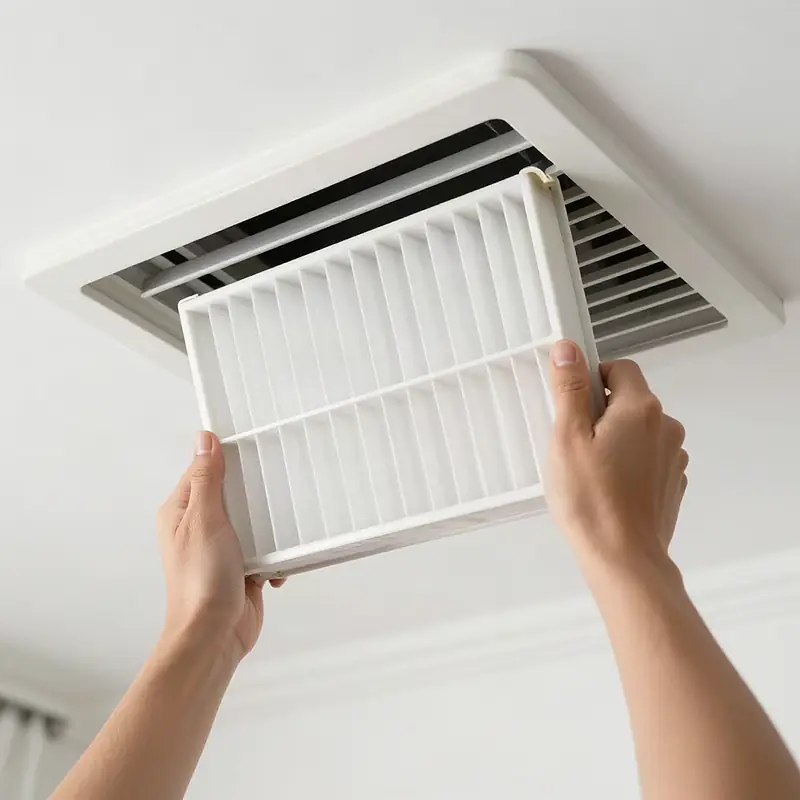 Hands fitting a clean pleated air filter into a ceiling return grille
