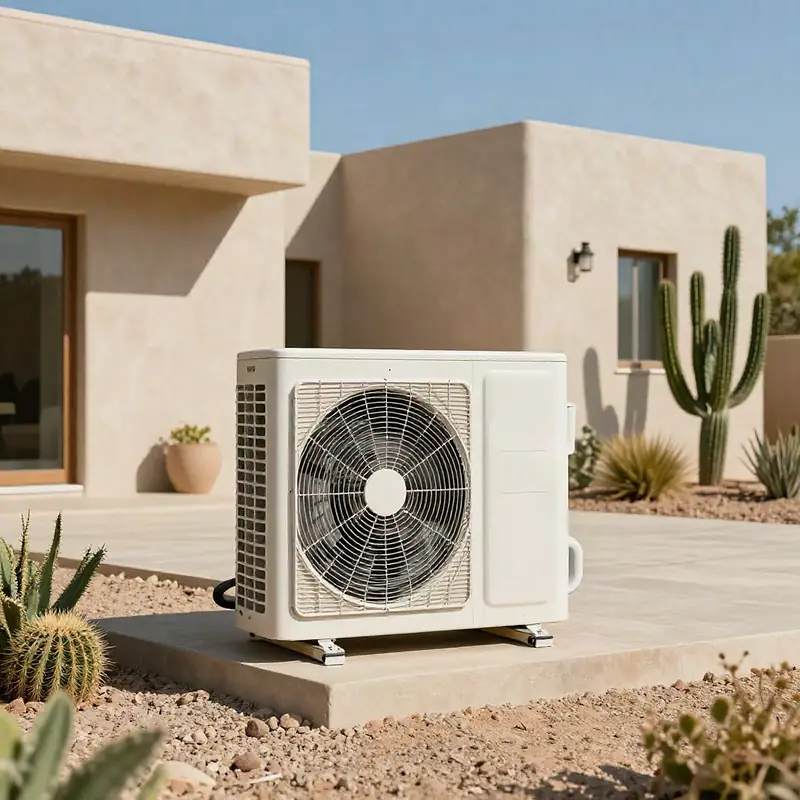 A heat pump outdoor unit beside a modern stucco desert home with cactus landscaping