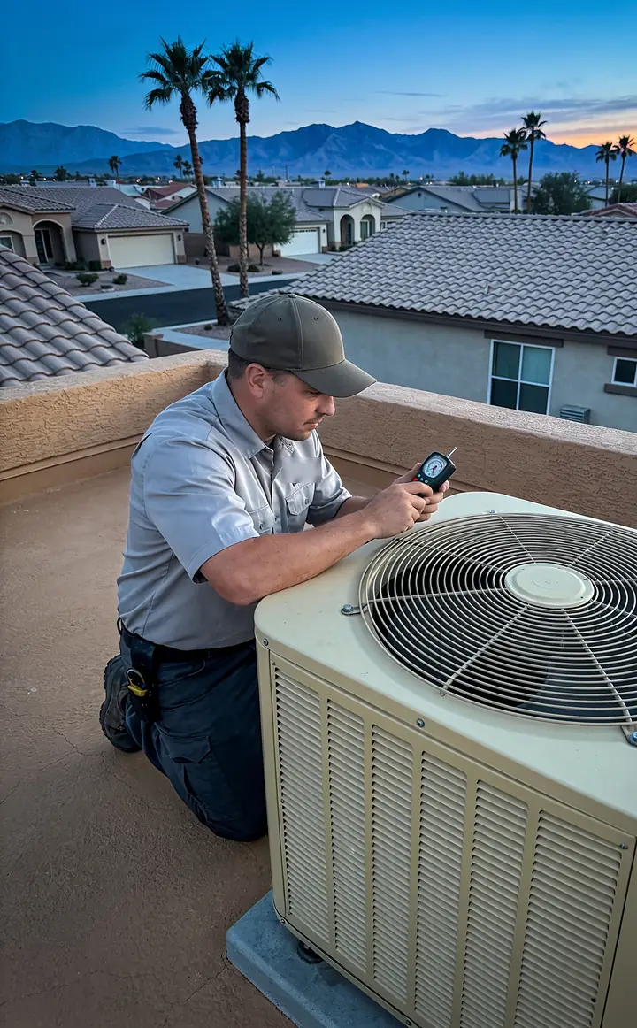 A technician kneeling on a Las Vegas rooftop at dusk, checking an air conditioning unit with a gauge, palm trees and mountains behind
