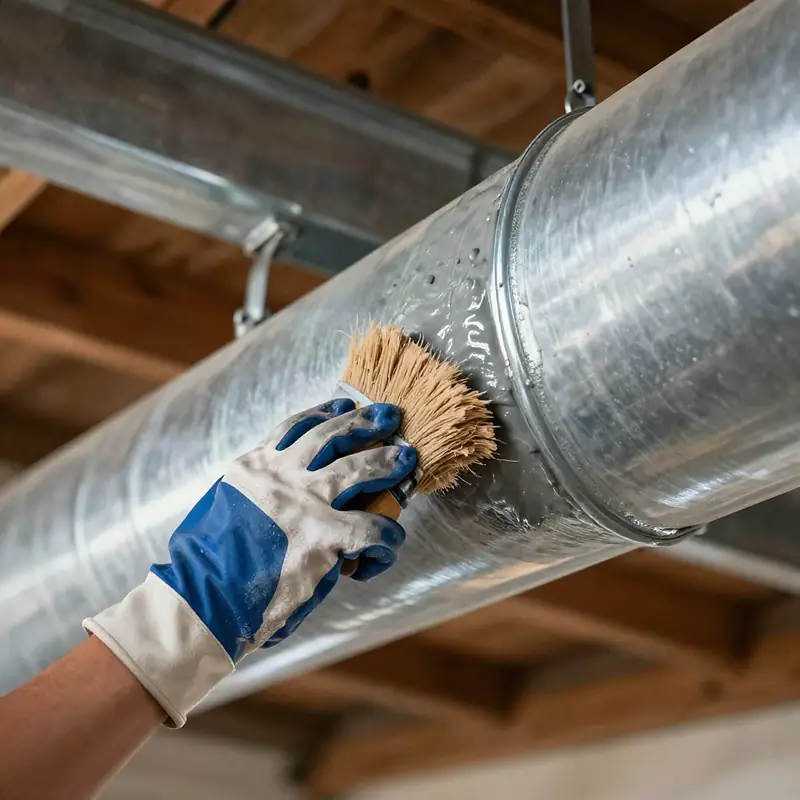 A gloved hand brushing grey mastic sealant onto a metal duct joint