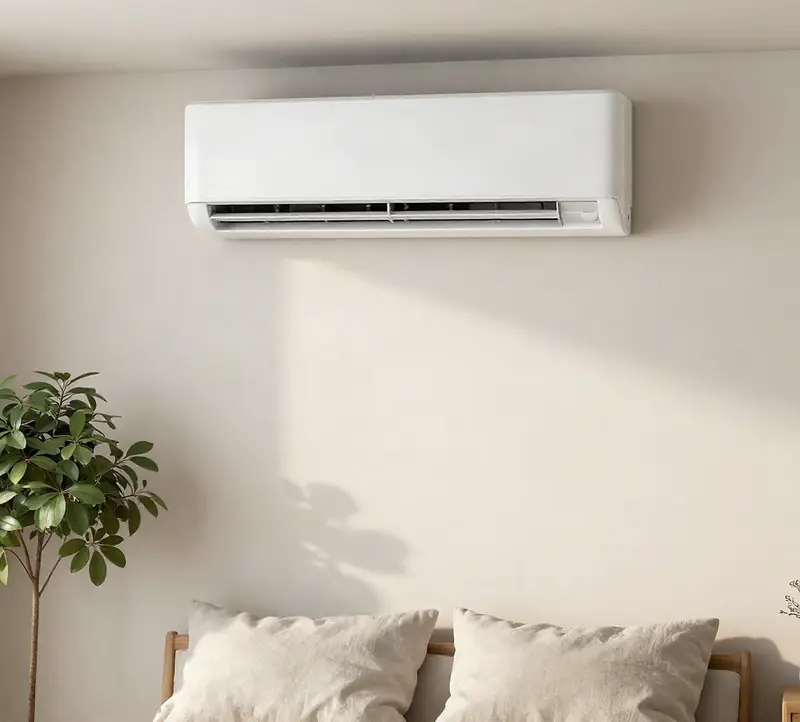 A white ductless mini-split unit mounted above a bed in a calm bedroom