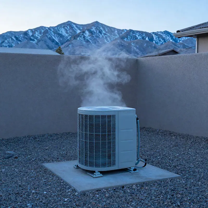 A heat pump outdoor unit steaming on a cold morning with snow on the mountains behind